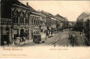 1904 Miskolc, Széchenyi utca, villamos, Langer Sámuel üzlete, könyvnyomda. Lövy József fia (László Adolf) kiadása (EB)