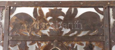 cca 1900, Keleti falitükör. Formára vágott és szegecselt vaselemek, állat- és lovas mintákkal díszít...