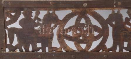 cca 1900, Keleti falitükör. Formára vágott és szegecselt vaselemek, állat- és lovas mintákkal díszít...