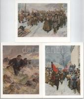 8 db modern nagy méretű képeslap: szovjet hősök, áldozatok, csatajelenetek, Valentin Serov festményei / 8 modern big size postcards: Soviet heroes and victims, battle scenes, paintings by Valentin Serov (19,5 cm x 14,5 cm)