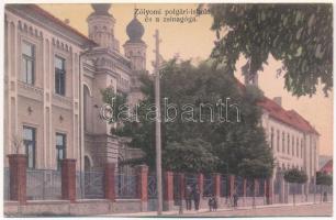 1915 Zólyom, Zvolen; polgári iskola és zsinagóga / school, synagogue