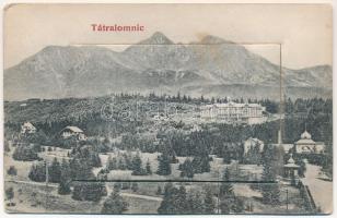 Tátralomnic, Tatranská Lomnica (Magas-Tátra, Vysoké Tatry); Leporellolap 10 képpel: vasútállomás és bazár. Kuszmann Gyula kiadása / Leporellocard with 10 mini pictures: railway station and bazaar shop (ázott / wet damage)