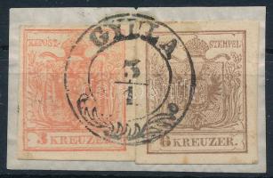 1850 3kr+6kr kivágáson: mindkettő MP III, a 6kr enyhén üreges nyomat / 6kr with plate flaw "GYULA"