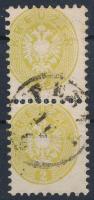 1864 2kr zöldessárga függőleges pár. Rendkívül ritka színárnyalat! / 2kr pair greenish yellow, RR! PESTH