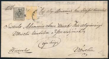 1850 1848-as vonatkozású hivatalos levél 1kr + 2kr (mindkettő HI a típus) bérmentesítéssel / Official cover related to the 1848 revolution with 1kr + 2kr HP Ia franking PÉCSVÁR - Vaiszló. Certificate: Ferchenbauer