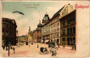 1899 (Vorläufer) Budapest VIII. Erzsébet körút, villamos, Hotel Rémi szálloda. Erdélyi cs. és kir. udvari fényképész felvételei után. litho (EM)