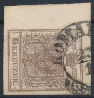 1850 6kr MP III. greyish brown, on thick paper, with 7-7,5 mm margin "KOMÁ(ROM)" Certificate: Steiner, 1850 6kr szürkésbarna MP III. vastag papíron, 7-7,5 mm bal oldali ívszél "KOMÁ(ROM)" Certificate: Steiner