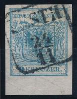 1850 9kr I. szürkéskék, alsó 6 mm ívszéllel, ívszéli nyomat, óriási vízjellel / greyish blue with 6 ...