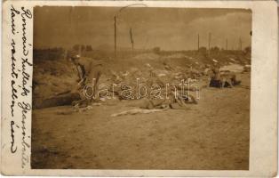 1916 Brassó, Kronstadt, Brasov; Brassó felszabadítása, halálrajvonal csata, Oláh halott katonák holttesteinek rajvonala a bertalani és brassói vasútállomás között / entry of the German troops, Romanian dead soldiers between the railway stations of Bartolomeu and Brasov. photo