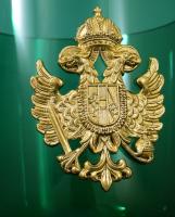 Címer rátétes zöld üveg kehely, m: 18,5 cm