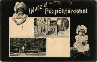 Püspökfürdő, Szentlászlófürdő, Baile 1 Mai, Episcopiei (Nagyvárad, Oradea); fürdő. Montázs kisgyerekekkel / spa. Art Nouveau montage with children