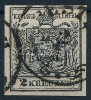 1850 2kr HP III. fekete, látványos lemezhiba a koronában, a bélyeg közepén fehér folt. Friss darab! / black, with plate flaw "PESTH"