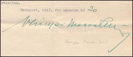 1943 Bp., Szinyei Merse Jenő (1888-1957) vallás- és közoktatásügyi miniszter által aláírt kinevezés