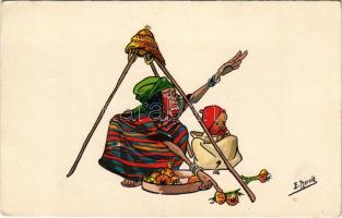 Série H. - I. Scénes et Types de la Rue par Herzig: 11. Sur un marché kabyle / Algériai folklór, árus / Algerian folklore, vendor. litho s: Herzig (EK)