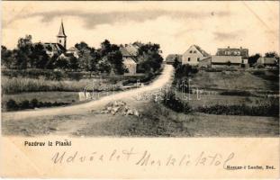 1904 Plaski (Lika), út, templom. Rosner és Laufer kiadása / road, church (ázott / wet damage)