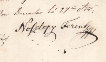 1858 Bonyhád, nyugtatvány Noszlopy Ferenc aláírásával