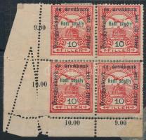 1915 Hadisegély II. 10f ívsarki négyestömb nagyon látványosan elfogazva, a jobb alsó ívszél leszakadt / Mi 167 corner block of 4 with strongly shifted perforation, the lower right margin is torn off