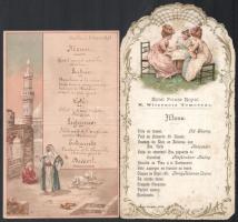 1893, 1900 Temesvár, Hotel Prince Royel - M. Witzenetz és Kahlia, Törökország, díszes litografált menükártyák / Timisoara RO, and Kahlia TR. two litho menu cards 22 cm