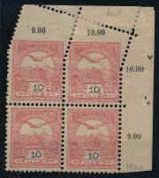 1900 Turul 10f ívsarki négyestömb ívbehajlás miatt látványosan elfogazva (hajtott) / Mi 60 corner block of 4 with shifted perforation (folded)