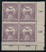 1913 Turul 35f ívsarki négyestömb a fogazóléc megugrása miatt elfogazva / Mi 120 corner block of 4 with shifted perforation