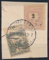 1900 Turul 1f magasabbra fogazva, ívszéli jelzéssel kivágáson egy feketeszámú 2kr bélyeggel, pályaudvari bélyegzéssel / mixed franking on cutting, the Mi 54 with shifted perforation