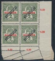 1918 Sürgős/Köztársaság ívsarki négyestömb ívbehajlás miatt elfogazva / Mi 222 corner block of 4 with shifted perforation