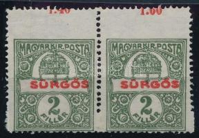 1916 Sürgős pár a fogazóléc megugrása miatt látványosan magasabbra fogazva, ívszéli jelzéssel, kimaradt foglyukak / Mi 180 pair with shifted perforation