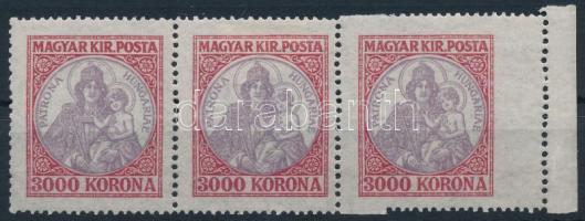 1921 Koronás Madonna 3000K ívszéli hármascsík, a fogazóléc megugrása miatt a jobb oldali bélyeg látványosan nagyobbra fogazva / Mi 378 stripe of 3 with shifted perforation