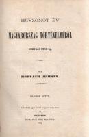 Horváth Mihály:  Huszonöt év Magyarország történelméből 1823-tól 1848-ig. Második kötet. Genfben, 1864. Nyomatott Puky Miklósnál. XI + [1] + 709 + [3] p. Első kiadás. Horváth Mihály (1809-1878) címzetes csanádi püspök, a szabadságharc vallás- és közoktatásügyi miniszterhelyettese, emigráns történész. Alapvető reformkori politikai áttekintése először svájci száműzetése idején jelent meg, a munka néhány évvel később Magyarországon is napvilágot látott. A nemzeti szabadelvű szellemben megírt dolgozat mindenekelőtt politikai természetű - a belpolitikai fordulatait tárgyalja a reformkor kezdete előtti évektől a forradalomig, benne pedig kormány és ellenzék éppen aktuális oppozícióját éppúgy, mint a nagyobb horderejű reformok megvalósulásának folyamatát, nem feledkezve el az országon belüli nemzetiségi széthúzás kérdéseiről sem. A munka két kötetben teljes, példányunk az időszak második részét tekinti át, az 1840-1848 közötti időszakot. Az első előzéken régi tulajdonosi bélyegzés. Poss.: Etter Jenő ügyvéd, Esztergom. [Etter Jenő (1897-1973) jogász, mezőgazdász, Esztergom polgármestere a második világháború alatt.] Díszesen aranyozott gerincű, vaknyomásos korabeli egészvászon kötésben, márványmintás festésű lapszélekkel. Szép példány.