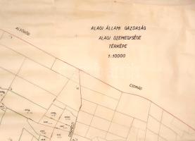 [Térkép] Az Alagi Állami Gazdaság alagi üzemegységének kéziratos térképe. Mérték: 1:10 000. (1960 körül) [Budapest, 1960 körül] [ny. n.] Tussal rajzolt térkép, kézi határszínezésekkel. Mérete: 945x1050 mm egy 975x1240 mm méretű térképlapon. Az Alagi Állami Gazdaság a sok évtizedes múltra visszatekintő, 1200 hold területen gazdálkodó, két világháború között működő Alagi Majorság területéből alakult, a géppark, az állat- és területállomány, a szakembergárda, valamint az Alagi Földmíves Szövetkezet dolgozóinak átvételével. A mezőgazdaság kollektivizálása keretében már korábban is óriási földterületek és jelentős munkavállalói réteg került egységes, állami, tervutasításos irányítás alá, ám az 1950-es évek végén az Alagi Állami Gazdaság kezelésébe újabb, sződligeti és vecsési területeket is beolvasztottak. Térképünk a kibővített Alagi Állami Gazdaság magterületeit ábrázolja, a Dunakeszi, Fót és Budapest határain fekvő területeket. A községek piros, a gazdaság területei zöld határszínezéssel. Térképünk vízrajzi részleteket is tartalmaz, valamint a térség úthálózata is tanulmányozható, a települések belterülete azonban ábrázolás nélkül marad. Az állami gazdaság legtöbb parcellája számkódolt, egyes esetekben feliratozott, mely a művelési ágra utal (Lósport vállalat). Az állami gazdaság birtokai közé beékelődnek a Honvédelmi Minisztérium, illetve az állami gyermekvédelem területei is (Fóti Gyermekváros). Címfeliratozás a jobb felső sarokban, a térképlapon felül és felül apró szakadások. Jó állapotú lap.