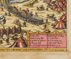 [Pápa vár és város színezett rézmetszetű látképe, 1597] Címe a kép alatt: ,,Wahre Conterfactur der V...