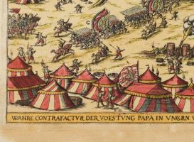 [Pápa vár és város színezett rézmetszetű látképe, 1597] Címe a kép alatt: ,,Wahre Conterfactur der V...