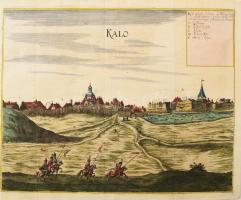 Kálói vár és a város rézmetszetű színezett látképe, 1670] Címe a kép felett: KALO. A metszeten olasz nyelvű magyarázat az A-E betűjelölésekhez. Készítője : Gaspar Bouttats (1625-1703). Megjelent: Priorato: Historia di Leopoldo Cesare I-III. (Viennae, 1670-1674) I. kötetében. lapméret: 31x43 cm