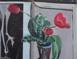 Baska József (1935-2017): Konstruktív csendélet. Olaj, farost, jelzett. Hátoldalán Képcsarnok Vállal...