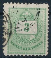 1874 3kr kettősnyomattal, gyöngyjavítással / double print, retouche