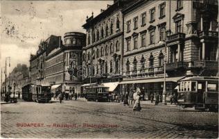 1911 Budapest VII. Rákóczy út, Emke kávéház, villamosok, Orient szálloda, Dr. Bonyhárd M. fogorvos, Agular Ede és Kalmár J. üzlete (EK)