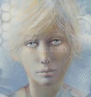 Kárpáti Éva (1936-): Bűbájos hölgy. Olaj, farost. Jelzett. Dekoratív fakeretben. 50x40 cm