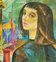 Marczell György (1897-1979): Lány virágcsokorral, 1976. Olaj, vászon, jelzett. Restaurált. Fakeretbe...