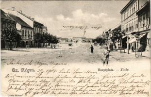 1905 Szászrégen, Sächsisch-Regen, Reghin; Hauptplatz / Fő tér, szálloda, üzletek. Ignatz Hübner kiadása / main square, hotel, shops (EK)