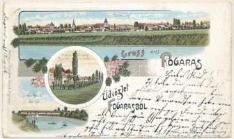 1899 (Vorläufer) Fogaras, Fagaras; Totalansicht, Schloss-Eingang, Alte-Brücke / látkép, bejárata várba, Olt híd. Thierfeld Dávid kiadása / general view, castle, bridge. Art Nouveau, floral, litho (EK)