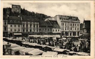 Brassó, Kronstadt, Brasov; Marktplatz mit weissem Thurm / Fő tér, Fehér-torony, piac, Heinrich Tischler, Goldmann üzlete / main square, market, tower, shops (kis szakadás / small tear)