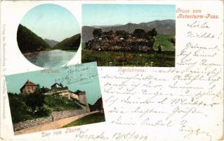 1900 Vöröstoronyi-szoros, Roter-Turm-Pass, Roter-Turmpaß, Roterturmpass, Pasul Turnu Rosu; Altfluss, Landskrone, Der rote Thurm / Olt folyó, Nagytalmácsi várrom, Vöröstorony / Olt river, Talmaciu castle ruins. Verlag der Buchhandlung G. A. Seraphin + "NAGY-SZEBEN - KIS-KAPUS 149. SZ." vasúti mozgóposta bélyegző (EK)