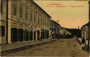 1915 Karánsebes, Caransebes; Fő utca, Népbank, Grau R. és Fia üzlete. Halász Nándor kiadása / Strada principala / Hauptgasse / main street, bank, shops (fl)