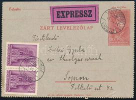 1941 Expressz zárt 20f díjjegyes levelezőlap 2 x 30f díjkiegészítéssel "KEMENESHŐGYÉSZ" - "SOPRON"