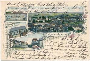 1905 Szentágota, Agnetheln, Agnita; Hotel Agnetha, Agnetheln v. d. Steinburg, Turnhalle, Mittelgasse / szálloda, látkép, tornaterem, Közép utca. M. Lang és Fia kiadása / hotel, general view, gym, street view. Art Nouveau, floral