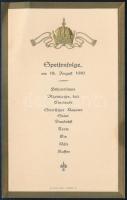 1916 Ferenc József császár 86. születésnapjára tartott díszvacsora menükártyája. Dombornyomott korona díszítéssel 11x18 cm / 1916 The menu card of the gala dinner held for the 86th birthday of Emperor Franz Joseph. Embossed crown with decoration 11x18 cm