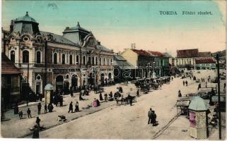 1910 Torda, Turda; Fő tér, piac, gyógyszertár, Turcza Géza üzlete. Füssy József kiadása / main square, market, pharmacy, shops (fl)