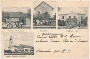 1908 Ferendia, Ferend; Templom és iskola, Pályaudvar, vasútállomás, uradalmi kastély, Goldschmidt D. üzlete. Dajkovits J. utóda / church, school, railway station, castle, shop of Goldschmidt (EK)