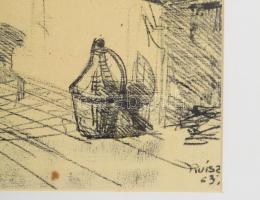 Ruisz György (1922-1994): Konyha. Szén, papír, jelzett. Üvegezett fakeretben. 29x19,5 cm