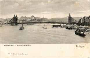 Budapest, Eskü téri híd (Erzsébet királyné híd) építés közben, dunai fürdő uszoda. Divald Károly 661. (EB)